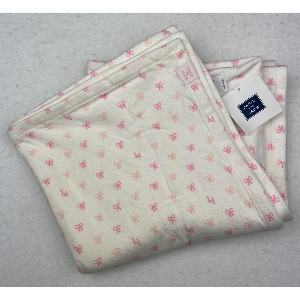 Janie and Jack Baby Blanket Receiving 100% Cotton White Pink Bows Girl Logo NEW